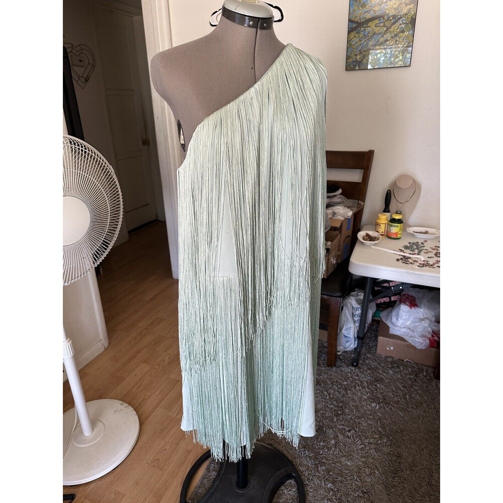 Anthropologie One-Shoulder Fringe Dress in Mint